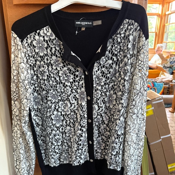 Karl Lagerfeld Black and White Cardigan Sweater - Picture 1 of 2